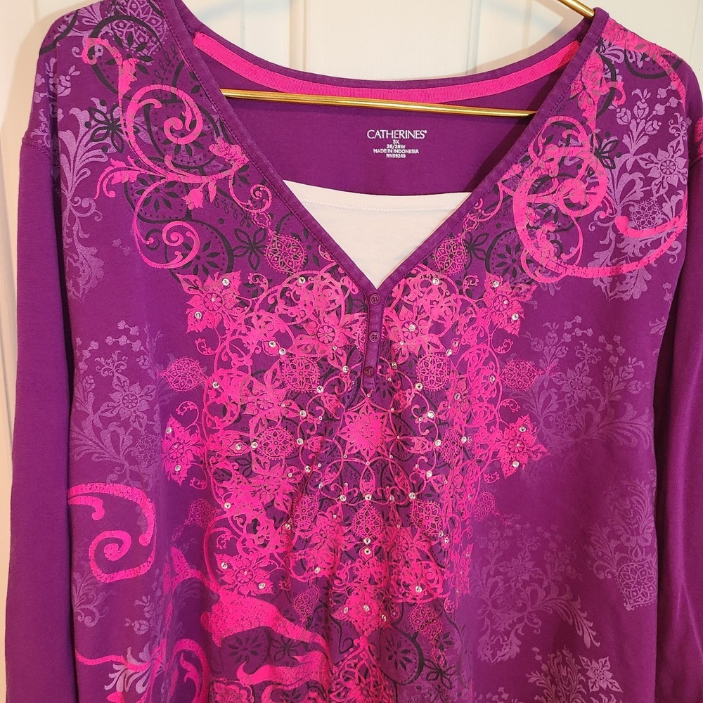 Catherines Top, 3X Purple, Floral Graphic Print, Short Sleeve, Pullover Yoga